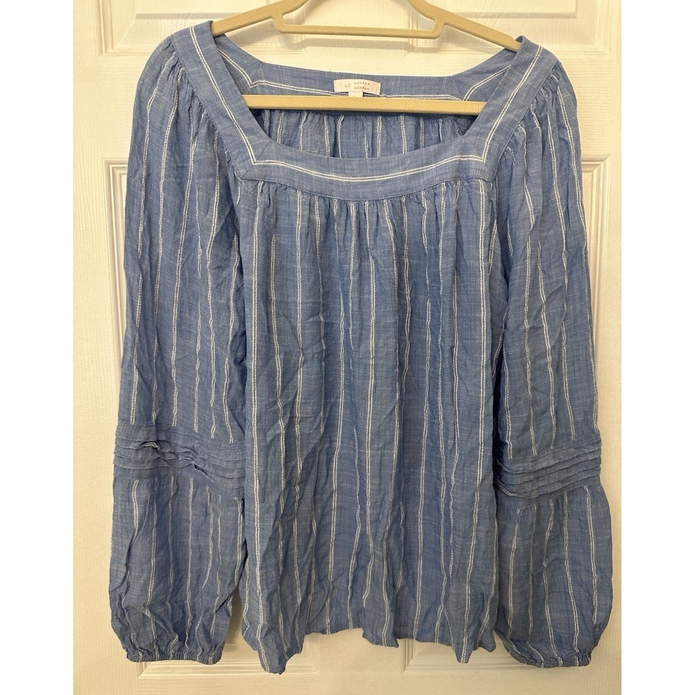 LC Lauren Conrad Blue White Striped Square Neck Balloon Sleeve Blouse L - Picture 1 of 5
